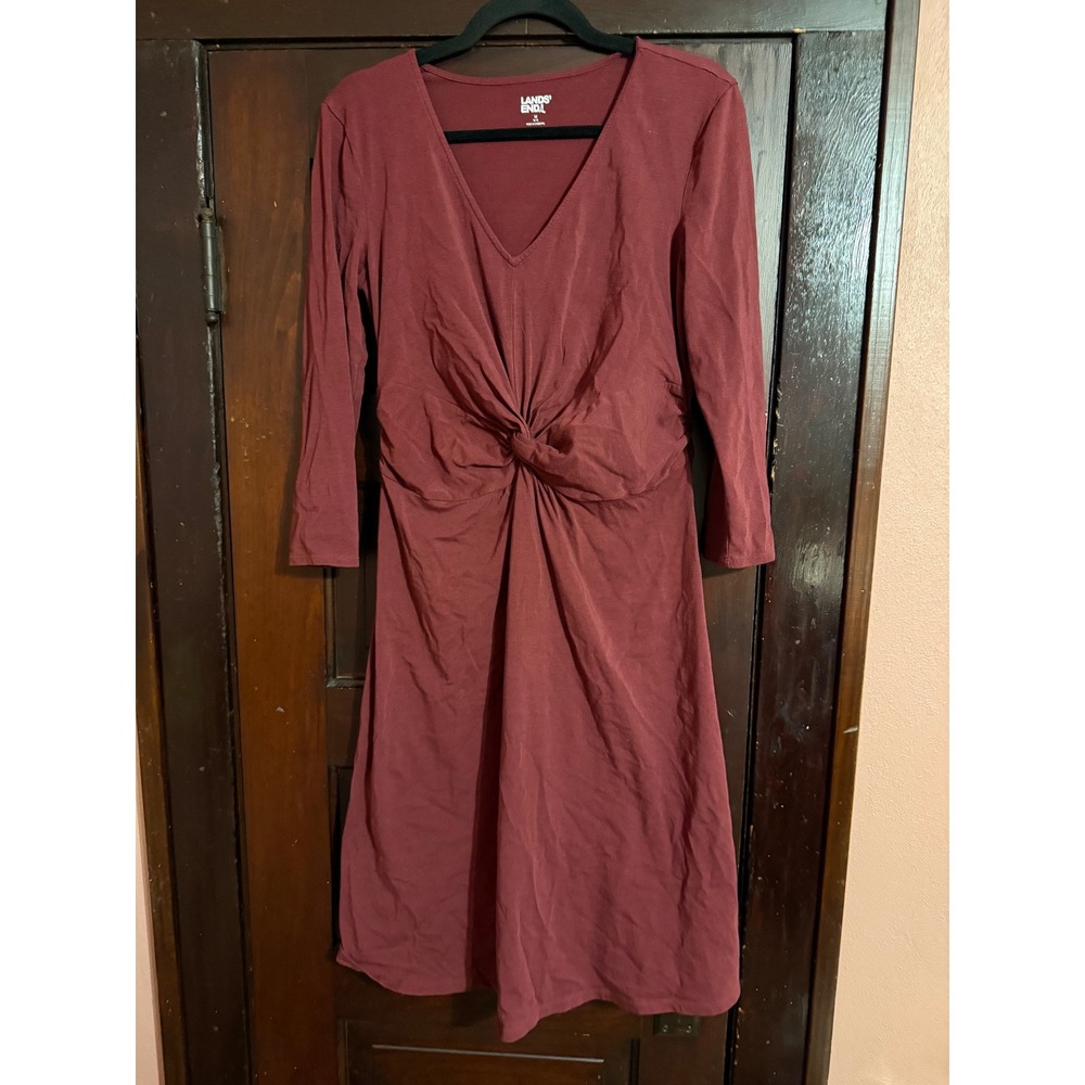 Lands End Burgundy Twist Front V-Neck Long Sleeve Cotton Modal Dress M 10-12